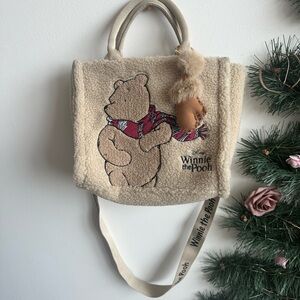 Disney Winnie the Pooh Beige Sherpa Tote with Red Scarf Accent